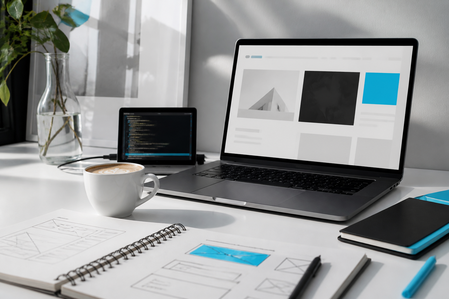 Mesa de trabalho com café, telas e estudos de interfaces digitais.